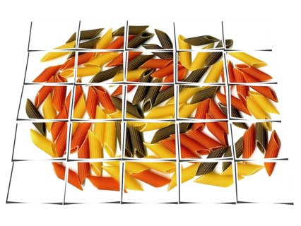 Penne italian pasta on white background collage composition of multiple images over white