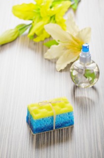 Bath sponge soap flowers and bottle