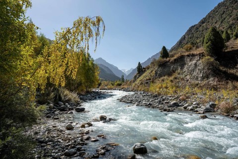 Mountain stream Ala Archa flows through the Ala Archa valley