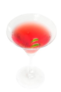 Cosmopolitan drink cocktail straight up on martini cup with lime peel isolated on white background