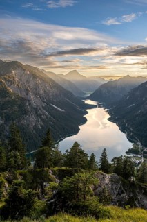 View of the Plansee lake from Schoenjoechl at sunset