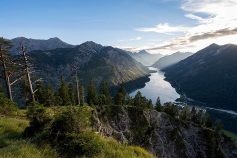 View of the Plansee lake from Schoenjoechl at sunset