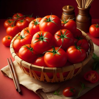 Organic vegetable tomatoes in a bamboo made basket. AI generated