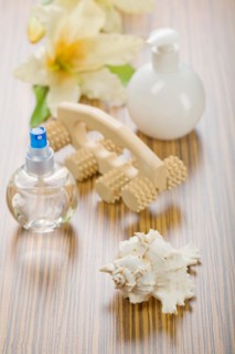 Set of objects for care on a wooden background