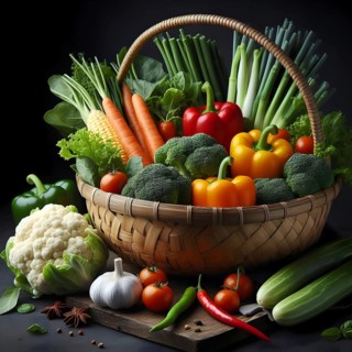 Assorted organic vegetables in a bamboo made basket. AI generated