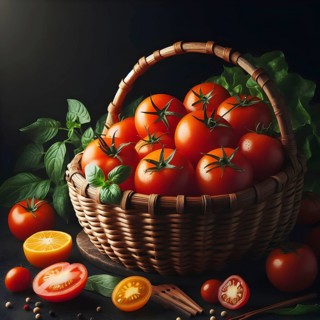 Organic vegetable tomatoes in a bamboo made basket. AI generated