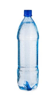 Blue bottle with water and drops isolated