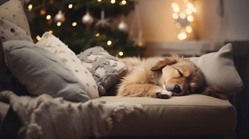 Cute dog sleeping on sofa in room with Christmas tree and lights Ai generated