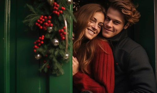 Young couple smiling together near home door decorated with mistletoe. Christmas holidays Ai generated