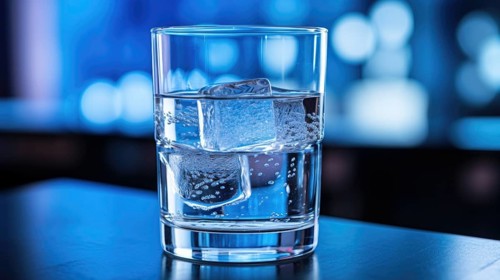 A glass of water with ice cubes on a bar counter