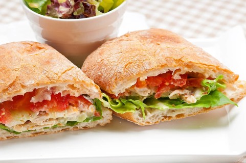 Italian ciabatta panini sandwich with chicken and tomato