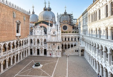 View of the inner courtyard of the Doge's Palace with St Mark's Basilica and giant staircase