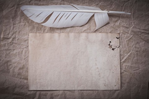 Antique sheet feather on crumpled wrapping paper