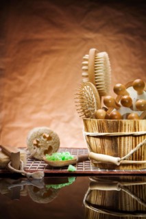 Sauna accessories on a vintage background