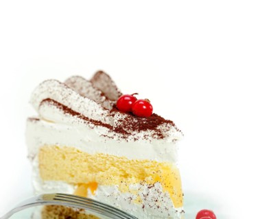 Fresh ribes and whipped cream dessert cake slice with cocoa powder on top
