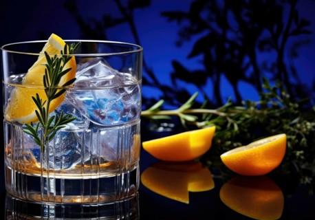 A cocktail in a glass garnished with ice cubes