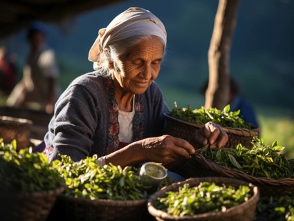 An Indian woman in traditional clothing picking tea on a tea plantation
