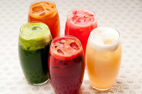 Selection of fresh fruits colorful long drink cocktails