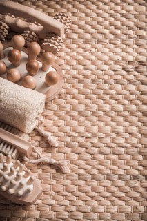 Sauna article on pasture background vertical version healthcare concept