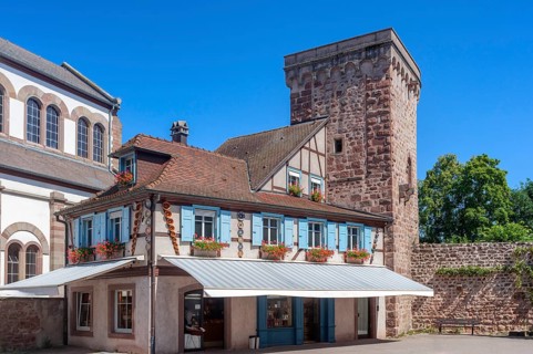 Half-timbered ensemble with historic city wall on Place Andre Neher