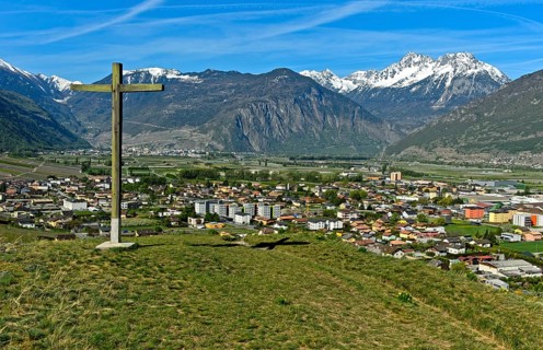 The village of Charrat in the wide Rhone valley in Lower Valais