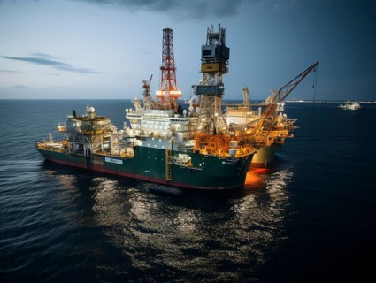 Brightly lit offshore drilling ship at dusk surrounded by calm sea