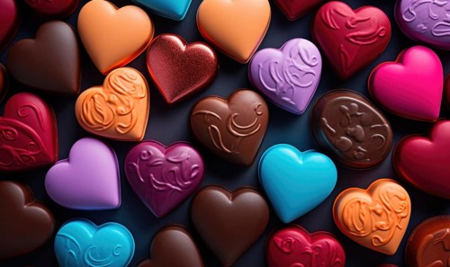 An array of heart-shaped chocolates in various colors and patterns AI generated