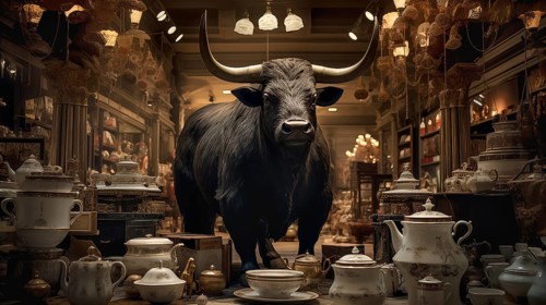 Very large bull with horns in a China shop filled with glassware. generative AI
