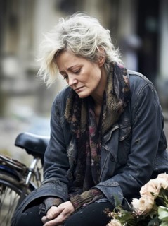 Woman sits sadly at the cemetery