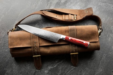 Excellent Japanese chef's knife from Damascus steel. View from above