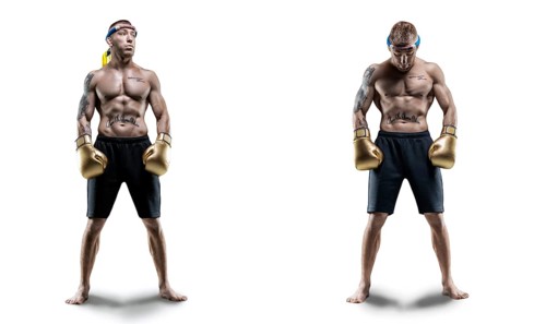 Image of two professional Thai boxers in front of a white background. Muay Thai