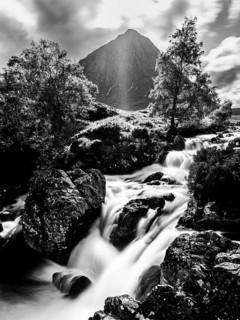 Waterfall under Buachaille Etive Mor in Black and White