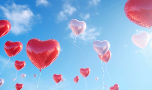 Red and pink heart-shaped balloons ascending into the sky AI generated