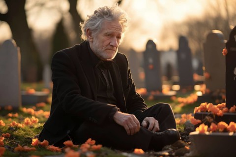Man sitting sadly at gravestone