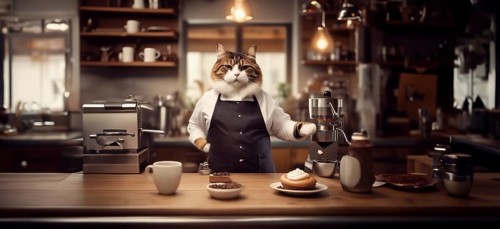 Cat barista in a coffee shop in a barista uniform