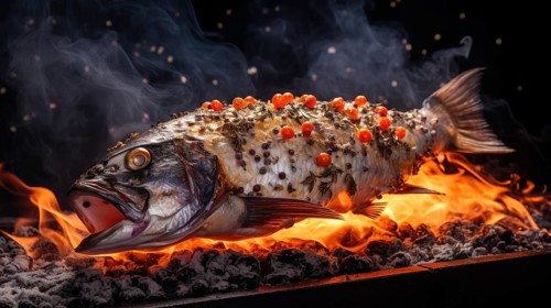 Grilled fish with rose pepper on burning embers. Grill fish background AI generated