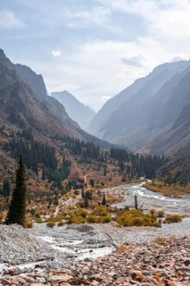 Mountain stream Ala Archa flows through the Ala Archa valley