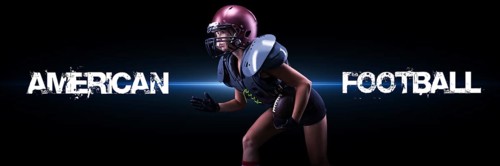 Image of a girl in the uniform of an American football team player. She runs with the ball against the background of light spots. Sports concept. Shoulders pads.