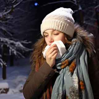 Girl in winter wear sneezing into a tissue
