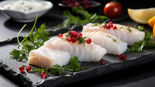 Raw white fish fillet with spices and lemon on wooden cutting board AI generated