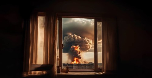 Nuclear explosion in the city view from the window