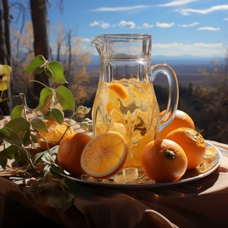 Sunlit pitcher of orange juice with ice and oranges outdoors