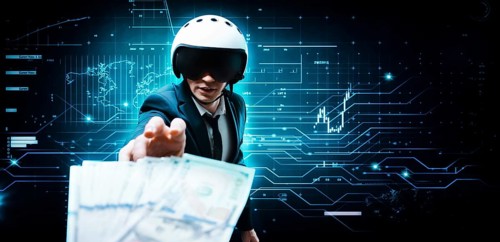 Portrait of a businessman in a suit and aviator helmet. He is trying to reach a pack of hundred-dollar bills. Business concept.