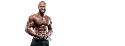 Athlete posing with an athletic belt on a white background. Fitness