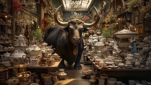 Very large bull with horns in a China shop filled with glassware. generative AI