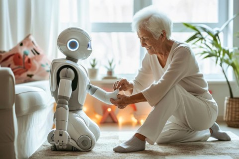 Elderly woman cleans friendly