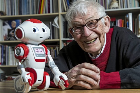 Old man having fun with a white artificial intelligence controlled care robot