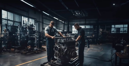 Car engine repair in a car repair shop by an auto mechanic