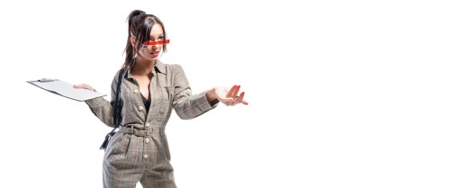 Image of a woman in a suit. She holds out her hand. Asks for money for shopping. Sales concept.