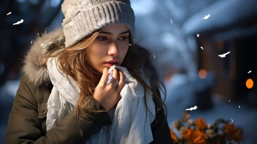 Young woman in winter attire using a tissue